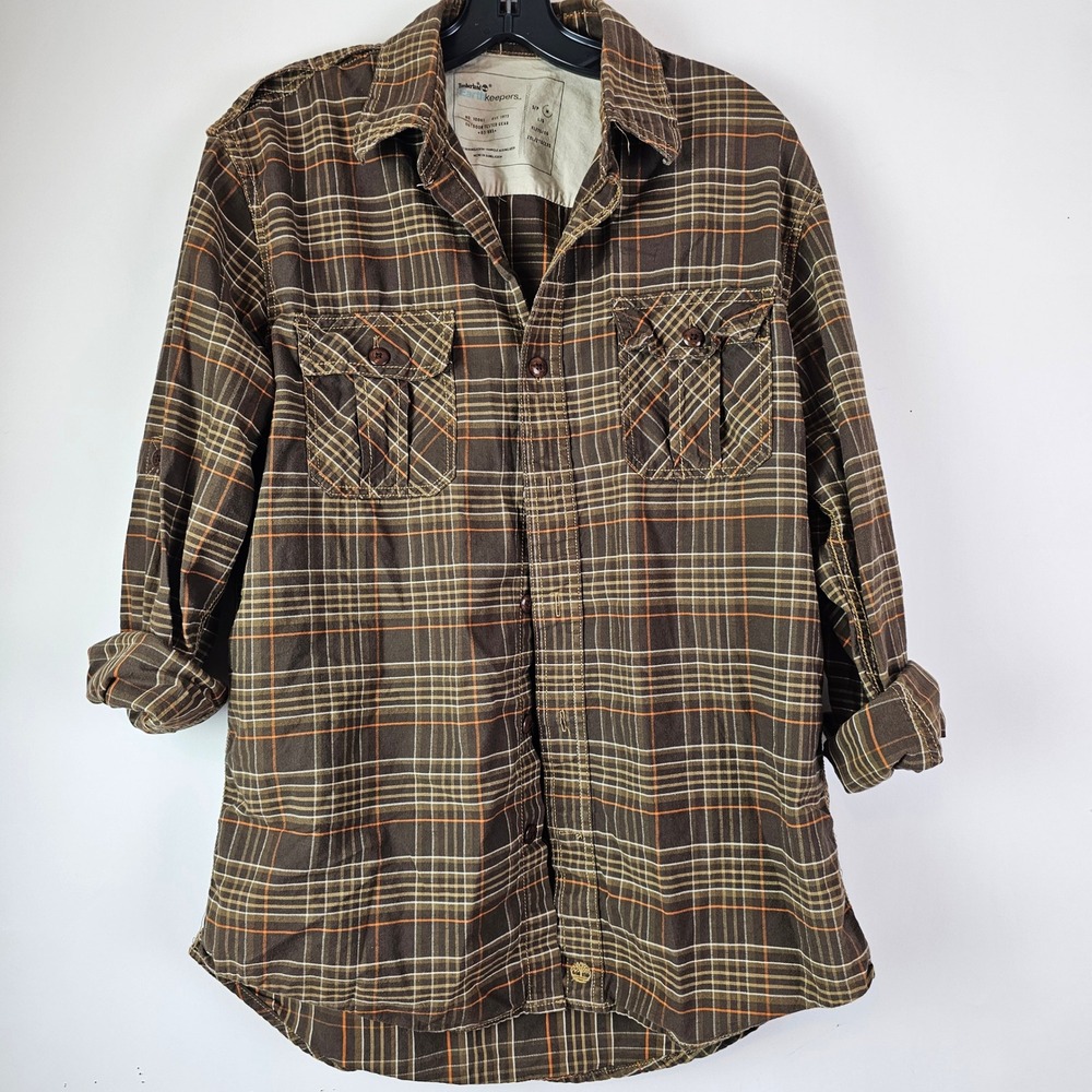 Timberland Earthkeepers Mens Brown Orange Plaid Button Down Shirt M Utility